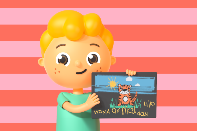 A picture of Eddie, from Ready Eddie Go! holding a picture advertising his event on World Animal Day in October