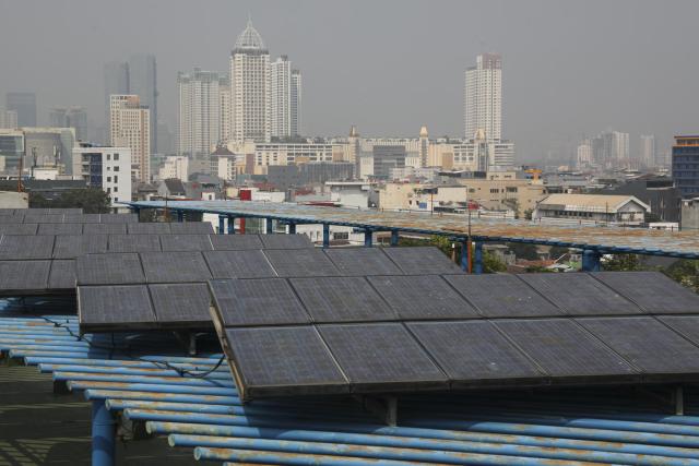 Solar panel roof is seen on one of Central Jakarta's buildings