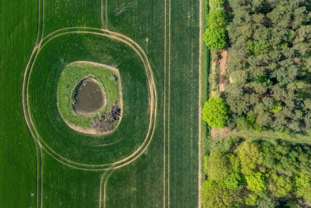 Drone shot of newly restored ponds.  Astley Estate, near Hindolveston, North Norfolk, UK.