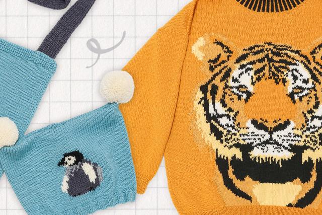 Knit for nature tiger and penguin patterns on bags and jumpers