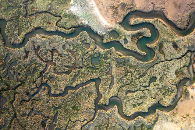 Drone shot of Stiffkey Marshes as tide comes in. Stiffkey Marshes, Stiffkey, North Norfolk, UK.
