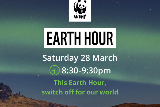 The Northern Lights lighting up the sky in shades of blue and green, above the Isle of Skye, Scotland. Overlapping text reads, 'Earth Hour. Saturday 28 March. 8:30-9:30pm. This Earth Hour, switch off for our world.'