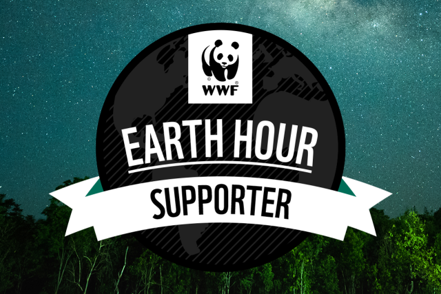 A turquoise night sky full of stars and the milky way. Overlapping text reads, 'Earth Hour Supporter'.'