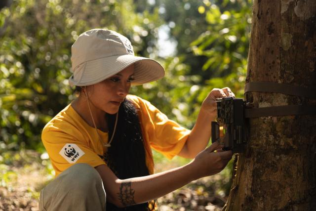 Vania Tejeda looking at the photos captured by the camera trap in Maderacre concession, Inapari, Peru.