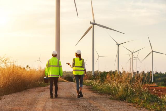 Back view of young maintenance engineers team working in wind turbine farm at sunset