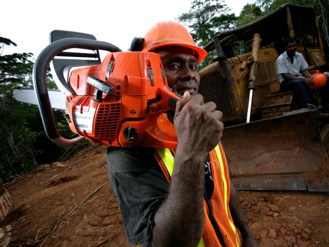 A portrait of a logger holding a chainsaw