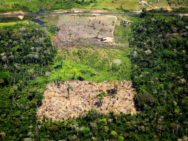 Aerial shot showing deforestation in Amazon rainforest