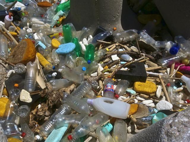 Pile of old plastic bottles and other trash