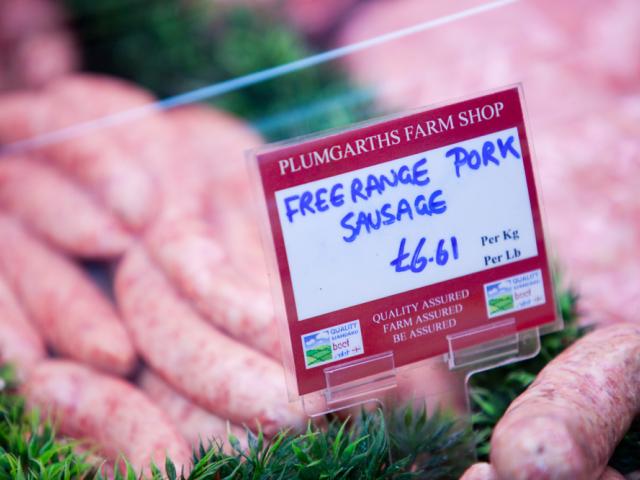 Free range sausages at Plumgarths farm shop in Kendal, Cumbria