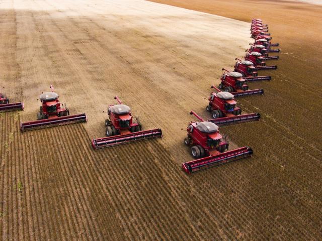 Mass soybean harvesting at a farm in Campo Verde, Brazil.