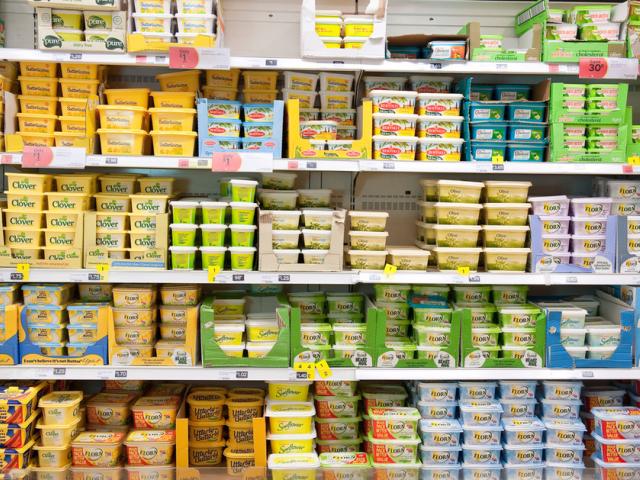 A range of food products for sale at a supermarket - mainly spreads, many of them containg a surprising amount of Palm Oil.
