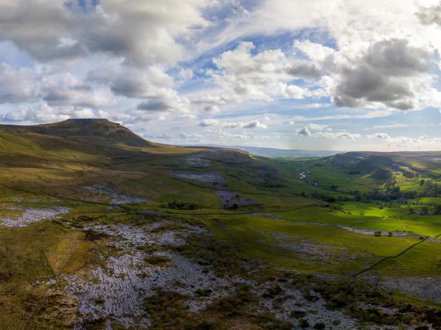 Stitched drone panoramic image of part of the Wild Ingleborough site