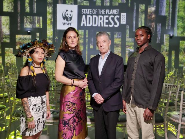 Txai Suruí, Tanya Steele, Juan Manuel Santos and Kedar Williams-Stirling at SOPA 2023