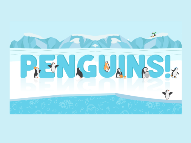 Penguin written in blue with a variety of different penguins around the letters