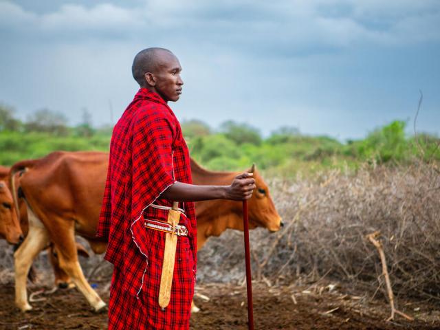 Portrait of age group chief Taporu Lemanyi while standing in his boma. Embirika, Kajiado county, Kenya.