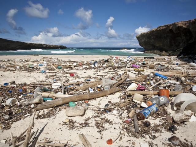 Plastic garbage litters a beach on the Caribbean Sea in Boca Prins, Aruba