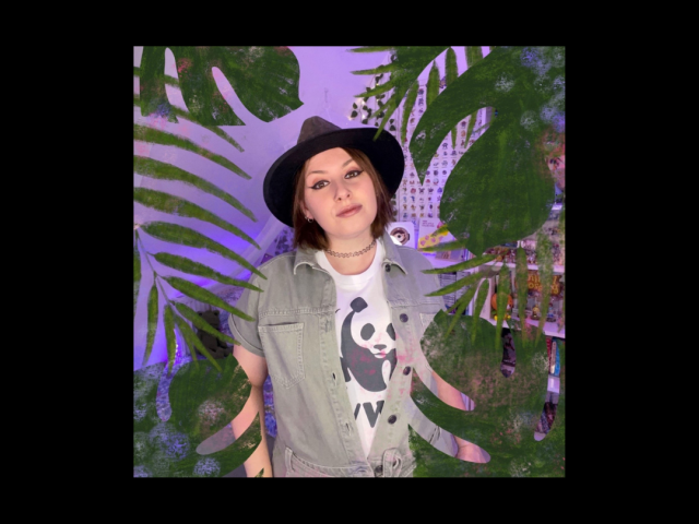 Woman in hat, purple background with leaf frame surrounding