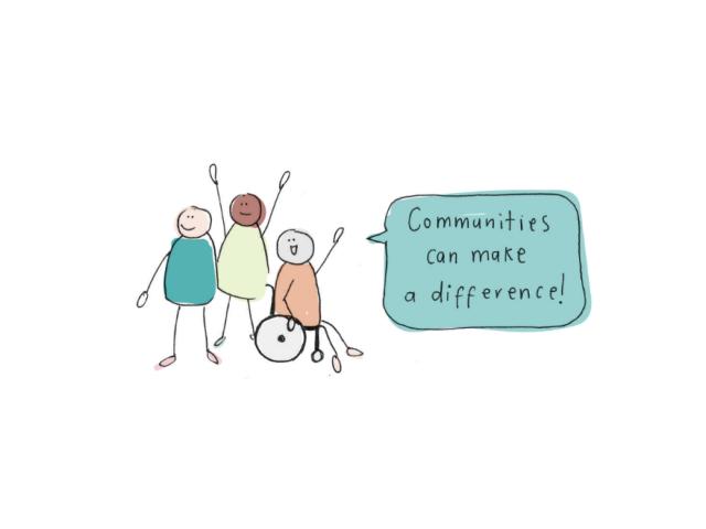 Illustration of people with the speech bubble saying 'communities can make a difference!'