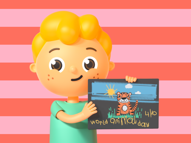 A picture of Eddie, from Ready Eddie Go! holding a picture advertising his event on World Animal Day in October