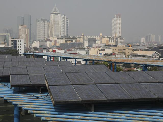 Solar panel roof is seen on one of Central Jakarta's buildings