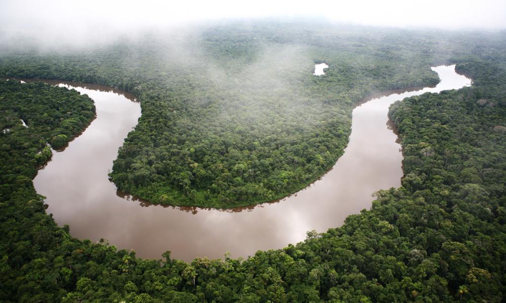Aerial shot of a winding river, Amazon rainforest, Loreto region, Peru.
