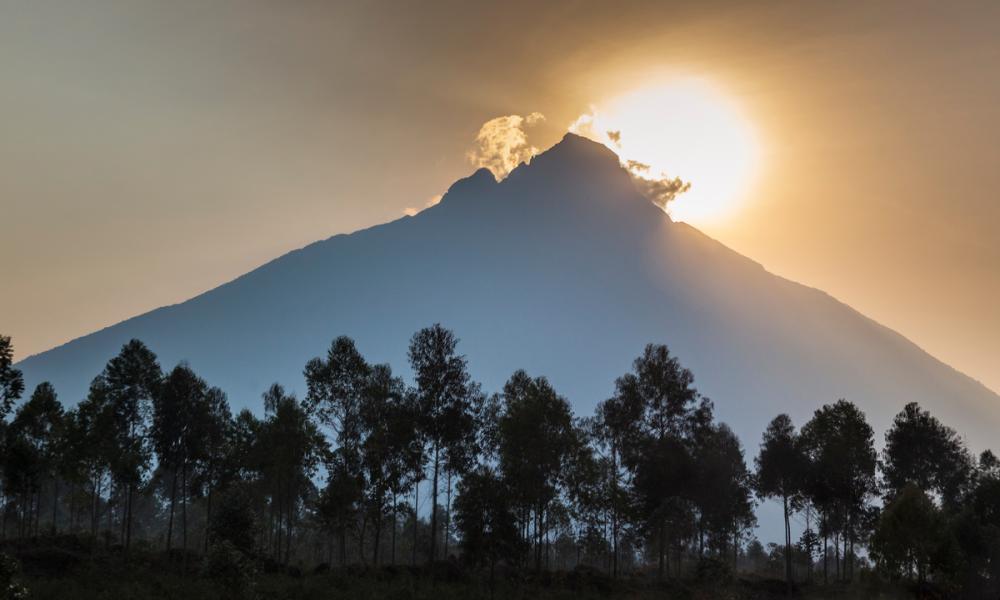 Sunrise behind Mount Mikeno, Virunga National Park, Democratic Republic of Congo (formerly Zaire), Africa