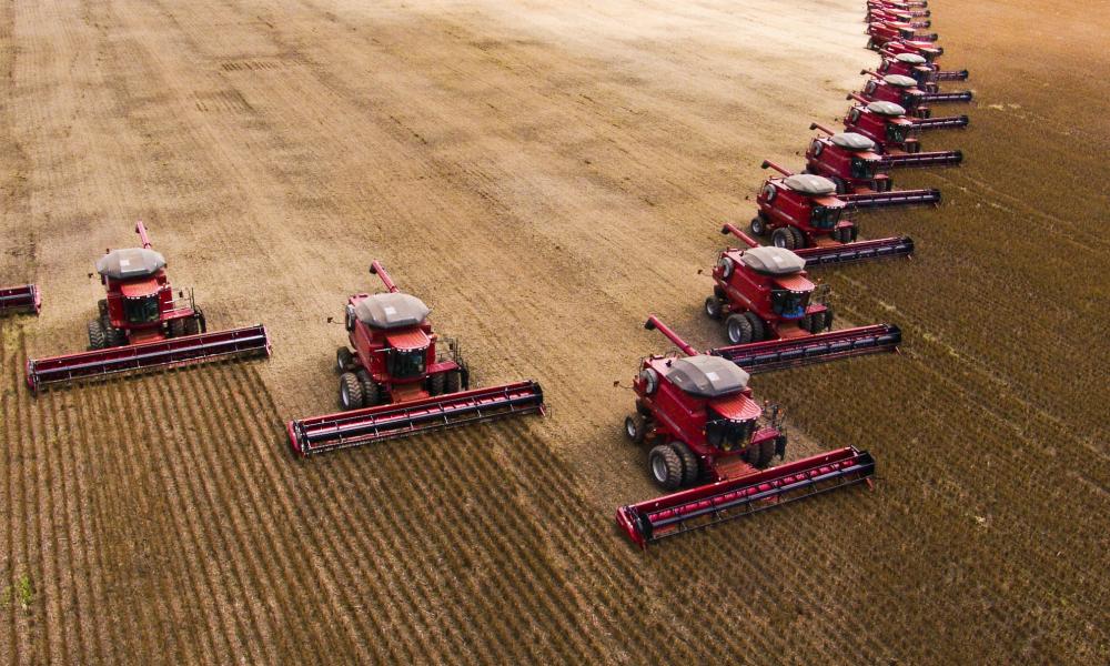 Mass soybean harvesting at a farm in Campo Verde, Brazil.