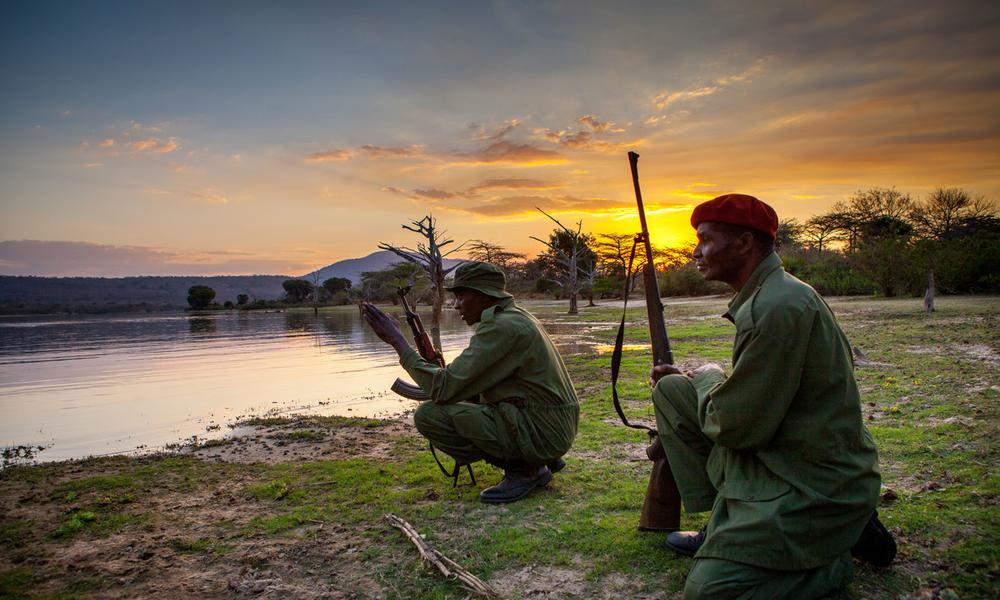 George Athanus and Said Mkinga, wildlife rangers in Selous Game Reserve on rhino monitoring patrol.