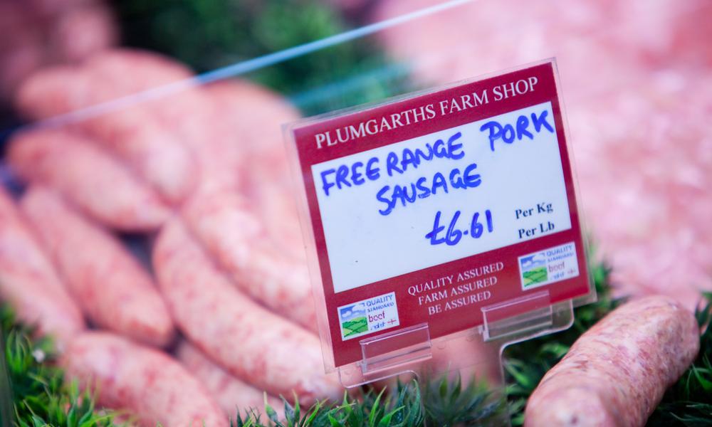 Free range sausages at Plumgarths farm shop in Kendal, Cumbria