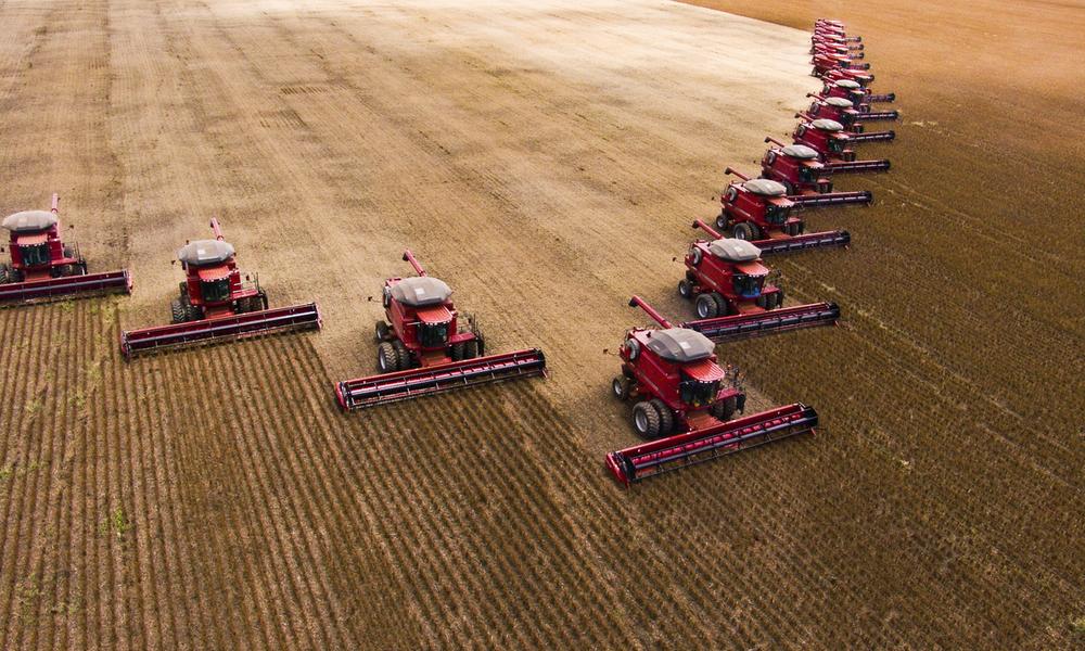Mass soybean harvesting at a farm in Campo Verde, Brazil.