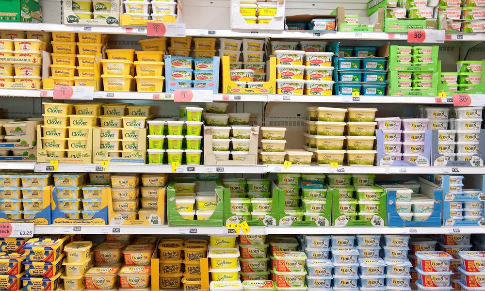 A range of food products for sale at a supermarket - mainly spreads, many of them containg a surprising amount of Palm Oil.