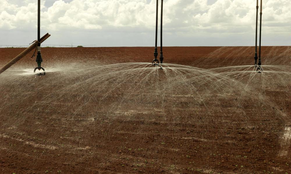 Remote controlled giant water sprinklers spray soy crops