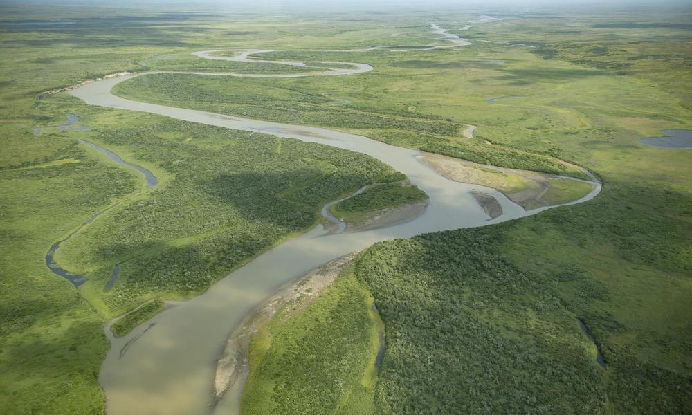 Aerial landscape of the rivers and lakes near King Salmon in Port Heiden, Alaska, United States.