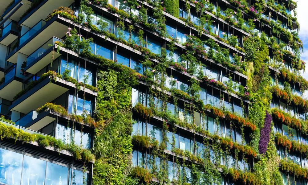Green skyscraper building with plants growing on the facade. Sydney, Australia