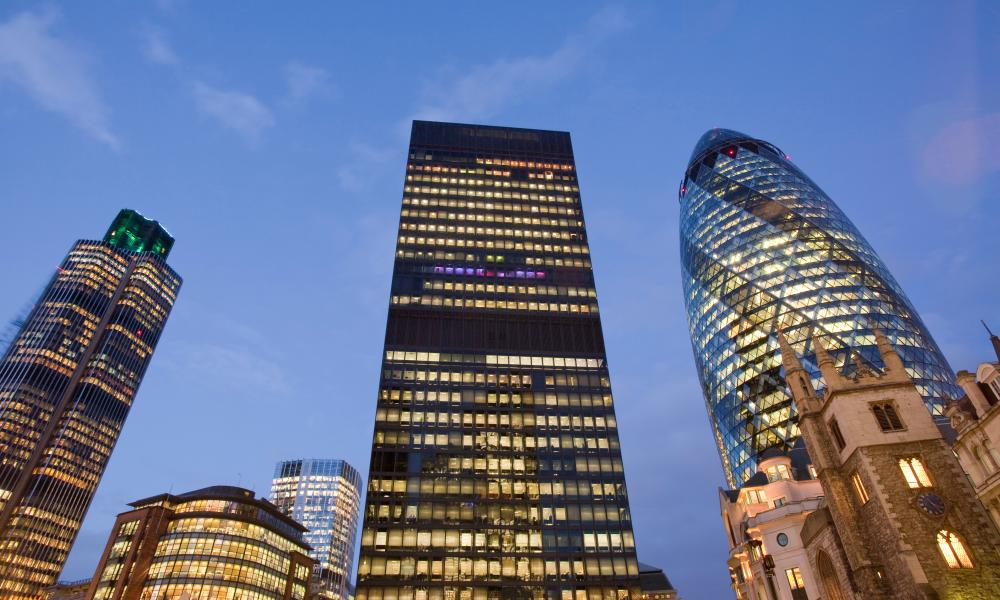 The Swiss Re Tower and other buildings in the City of London, UK.