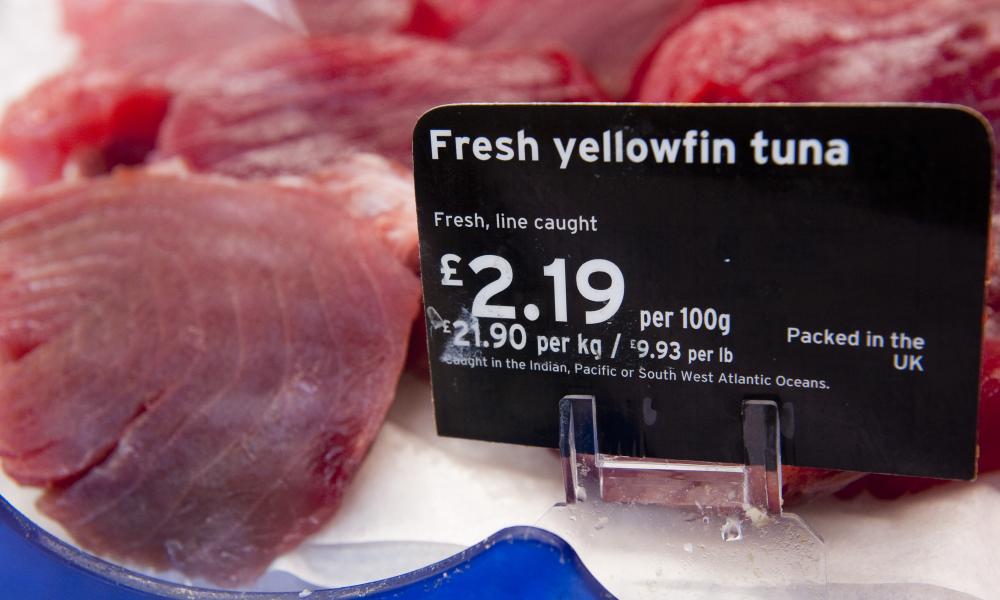 Line caught yellowfin tuna fish (Thunnus albacares) for sale at a supermarket in the UK.