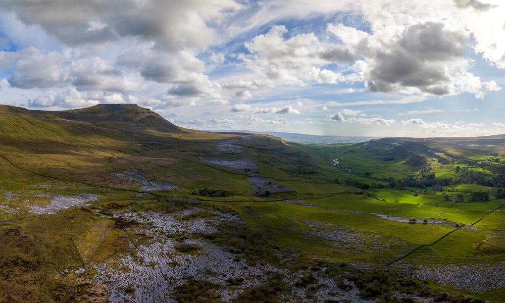 Stitched drone panoramic image of part of the Wild Ingleborough site