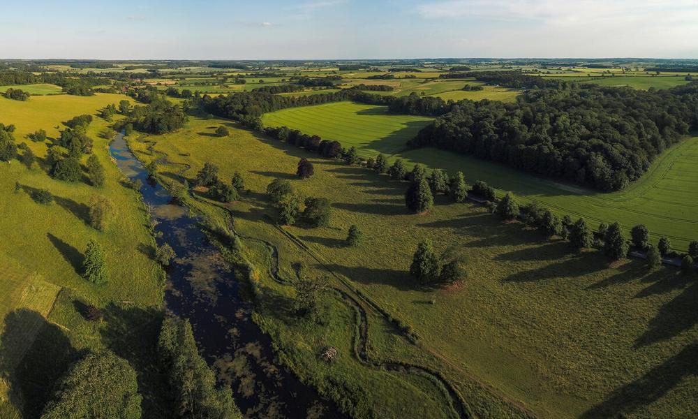 Drone panoramic photo of the  remeandering of the river system in Norfolk UK