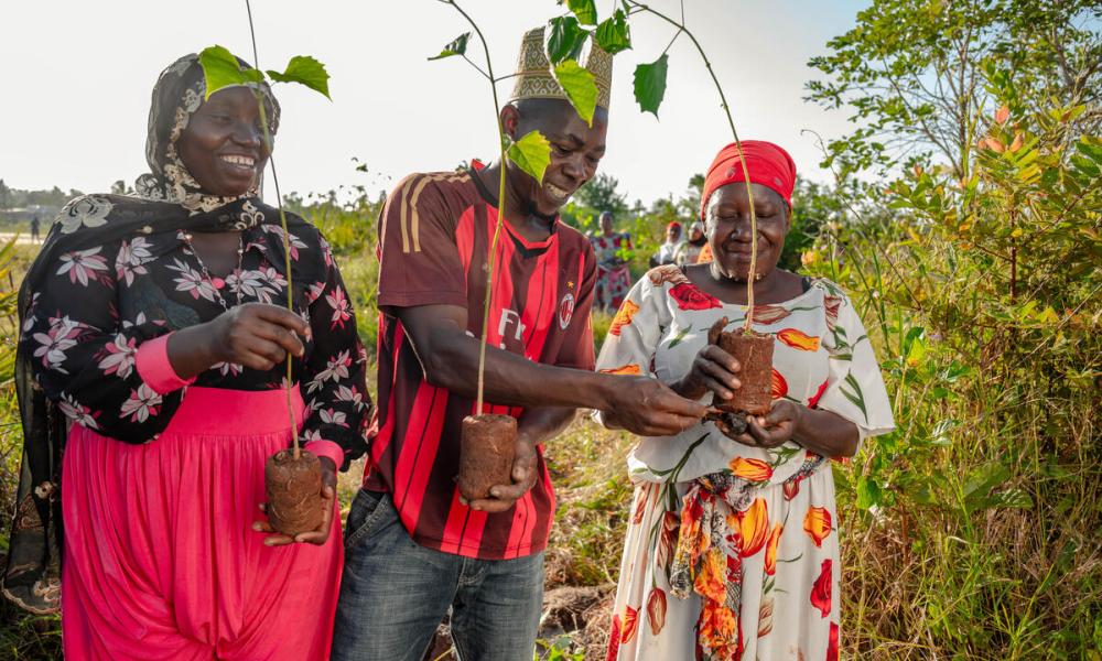 Community members participate in tree planting exercises in Kazimzumbwi Forest Reserve, Tanzania.