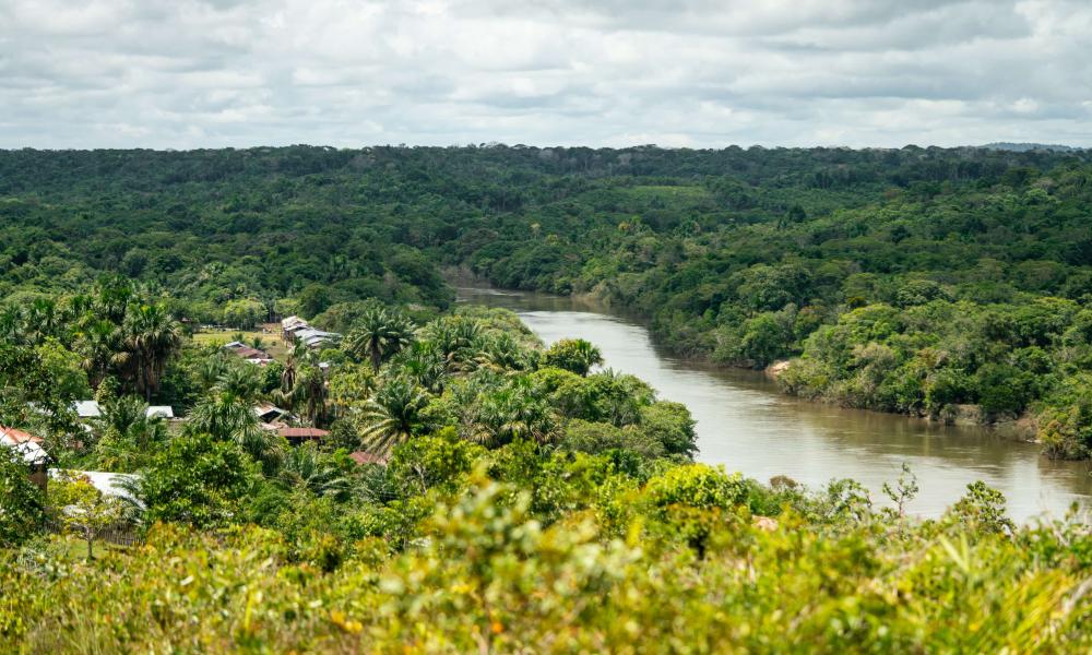 Aerial view of La Chorrera town and surrounding Amazon forest on the banks of the Igara Paraná River.