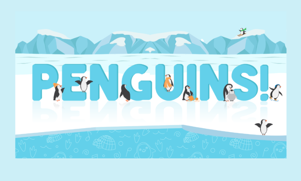 Penguin written in blue with a variety of different penguins around the letters