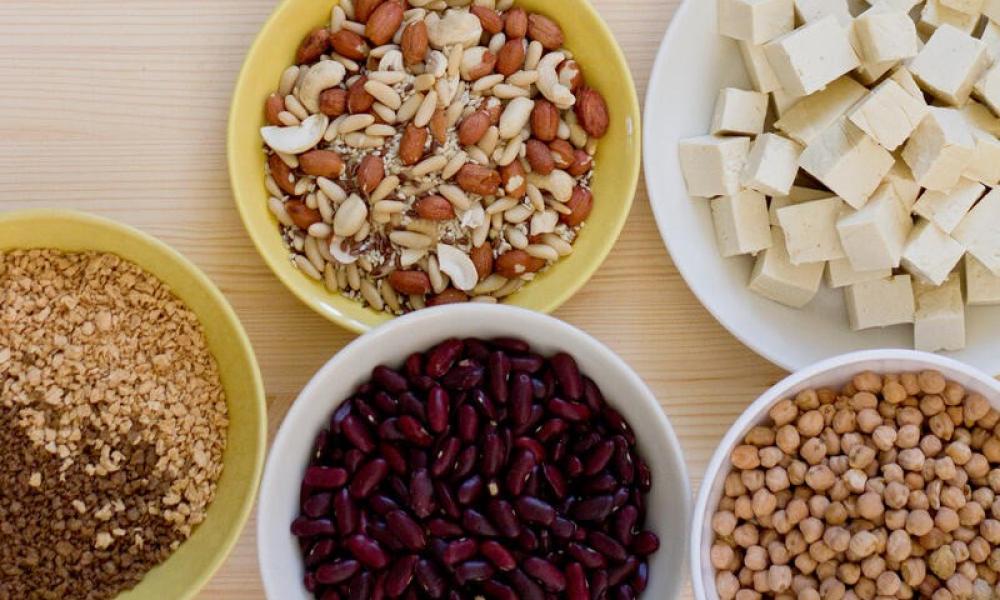 Bowls of nuts, tofu, beans, chickpeas and lentils