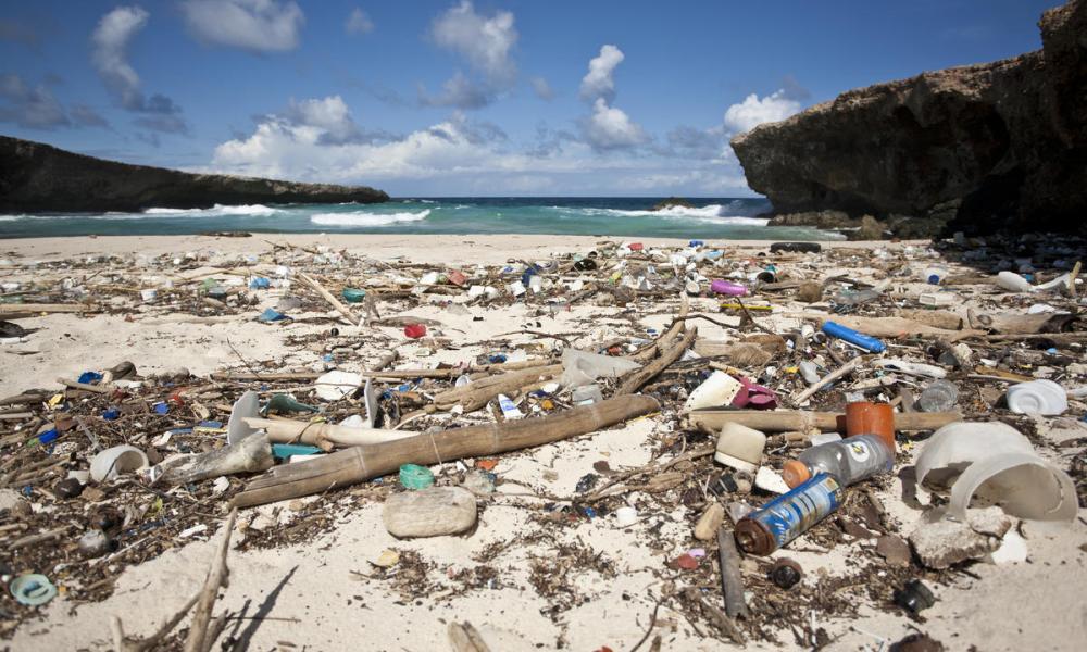 Plastic garbage litters a beach on the Caribbean Sea in Boca Prins, Aruba