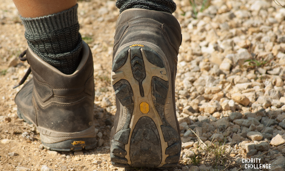 Close up of hiker's boots on a trail