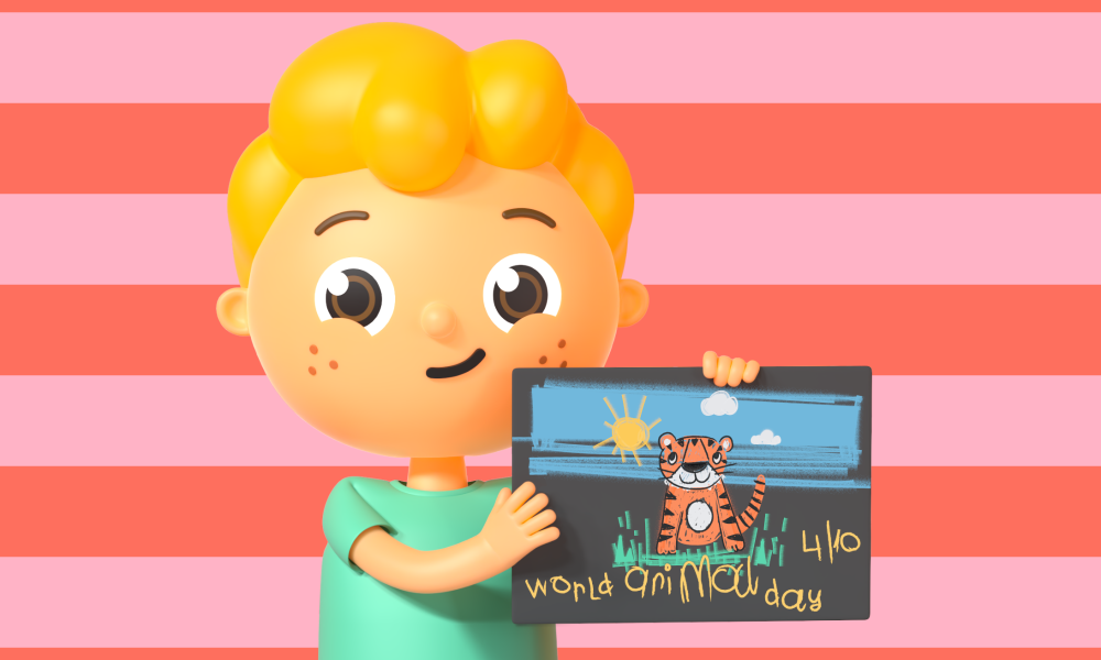 A picture of Eddie, from Ready Eddie Go! holding a picture advertising his event on World Animal Day in October