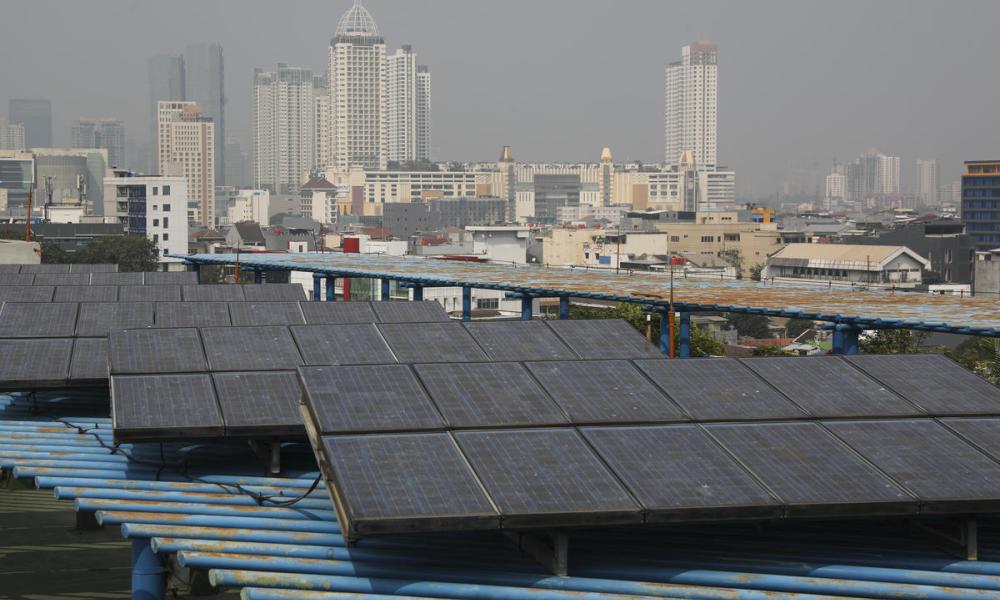 Solar panel roof is seen on one of Central Jakarta's buildings