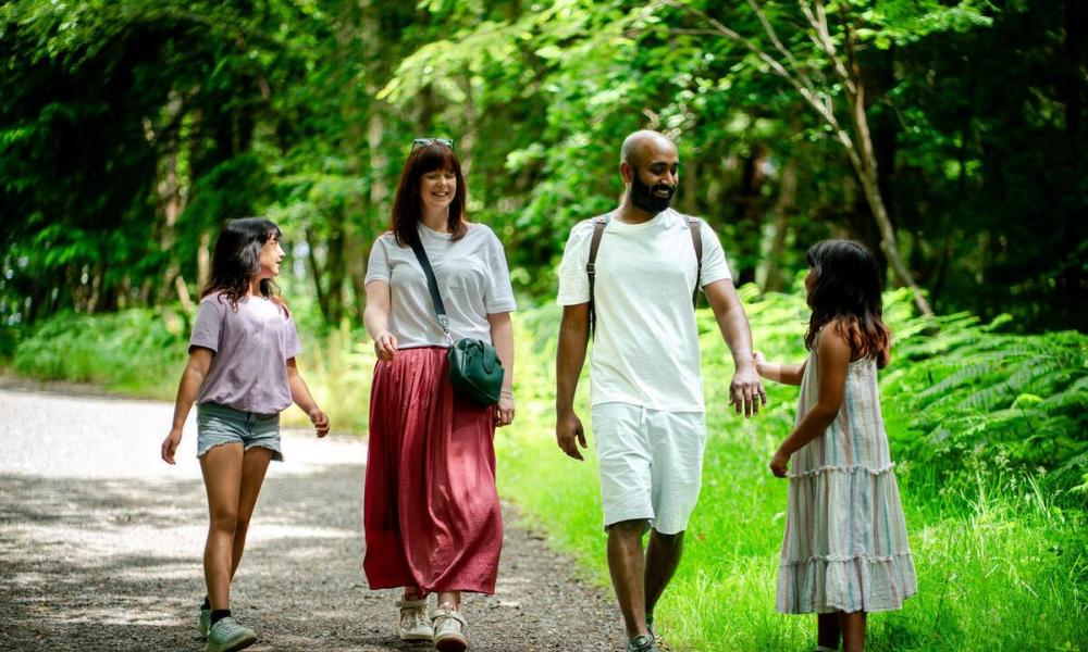 Family walking through the forest