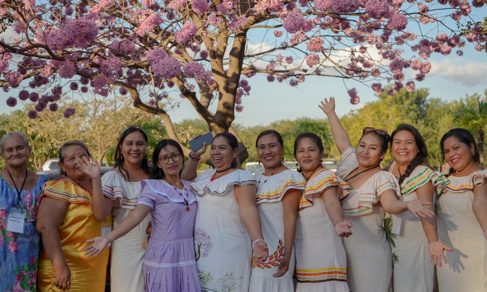 Women of Bolivia under a blossom tree