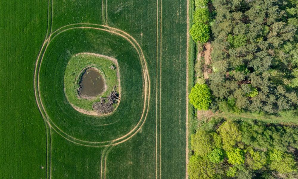 Drone shot of newly restored ponds.  Astley Estate, near Hindolveston, North Norfolk, UK.