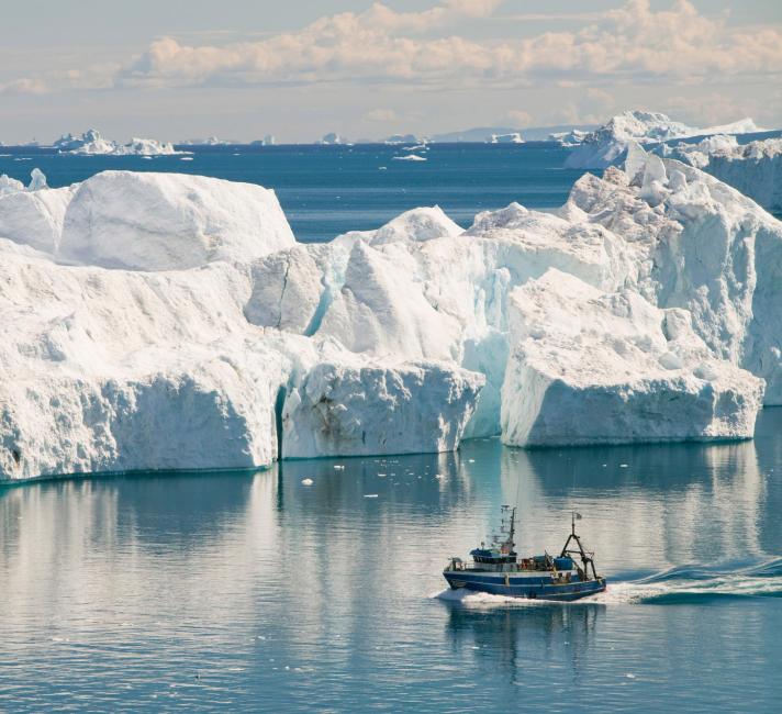 A fishing boat sails through Icebergs